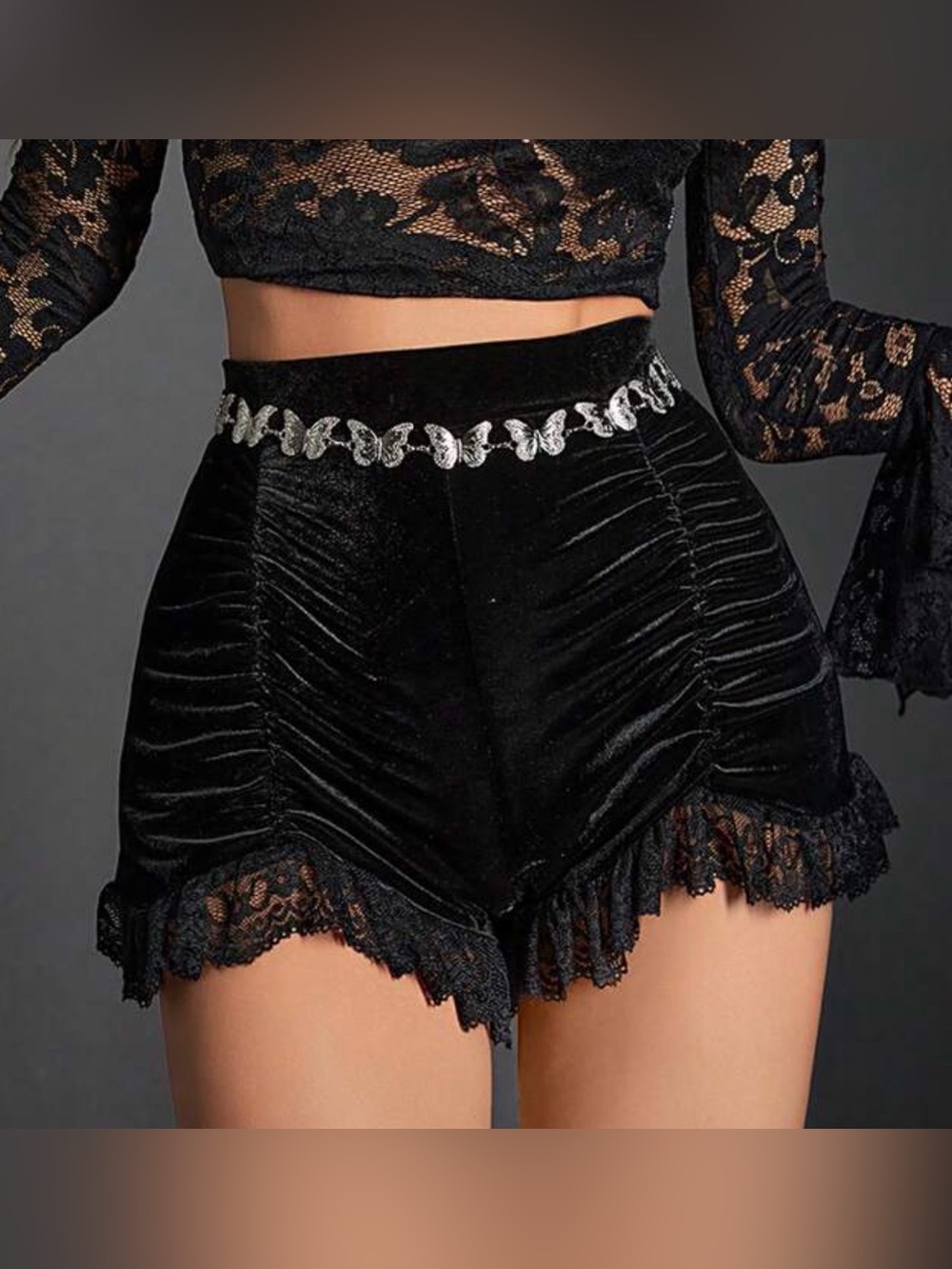 High-Waist Black Velvet Lace-Trim Shorts